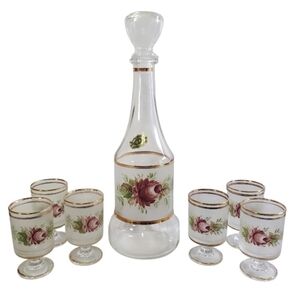 🟢 Vintage Cristallerie Hand Painted Decanter & Glass Set MCM 60s Made In Italy